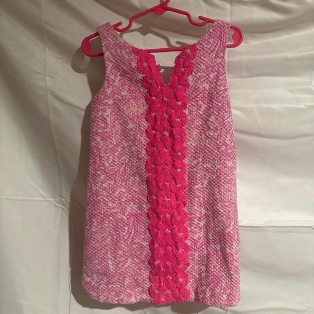 Lilly Pulitzer Girls Pink White Textured Shift Dress Braided Trim XS